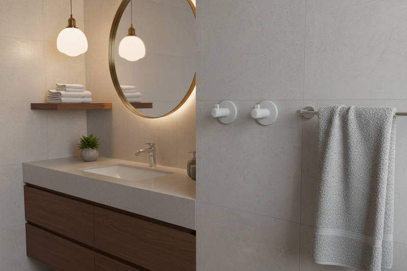 Two White Toughook Robe Hooks Side by Side in Bathroom
